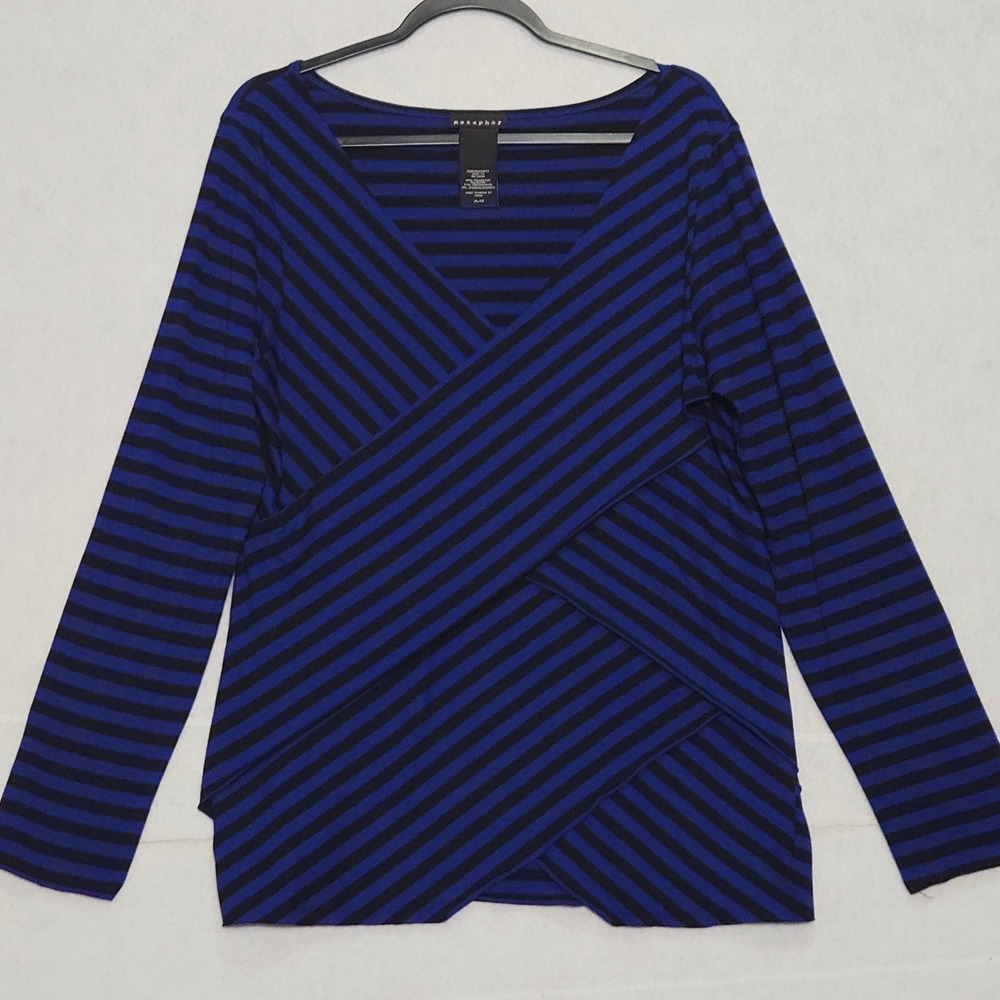Metaphor‎ Womens Blue Black Striped Wrap Style Long Sleeve Top XL